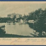 Gruss aus Karlsruhe Stadtgarten und See, gelaufen 1900, fleckig (AK4583)