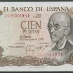 Spanien 100 Pesetas 1970, Manuel de Falla, KM 152 a, kassenfrisch (K767)