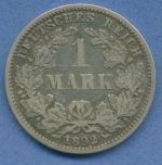 Deutsches Reich 1 Mark Kursmünze 1892 G, J 17 fast ss (m5813)