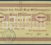 Wildungen 1 Million Mark 1923, Keller 5624 b, gebraucht, Einriß (K951)