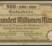 Dresden 500 Millionen Mark 1923, Keller 1572 e, stark gebraucht (K1029)