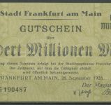 Frankfurt a. M. 100 Millionen Mark 1923, Keller 1522 k, leicht gebraucht (K1043)