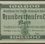 Solingen 100000 Mark 1923, Keller 4809 a, gebraucht (K1189)