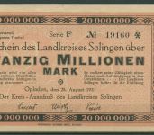 Solingen Kreis 20 Millionen Mark 1923, Keller 4812 c, gebraucht (K1201)