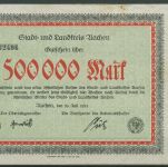 Aachen Stadt u. Landkreis 500000 Mark 1923 Serie B, Keller 1 b gebraucht (K1637)