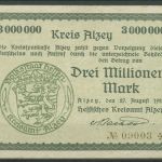 Alzey 3 Millionen Mark 1923, Keller 87 f, gebraucht (K1646)