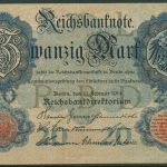 Dt. Reich 20 Mark 1914, DEU-41b Serie L/P, leicht gebraucht (K1554)