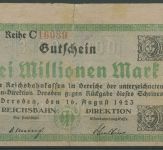Deutsche Reichsbahn Dresden 3 Millionen Mark 1923, gebraucht, Einriß (K1569)