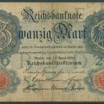 Dt. Reich 20 Mark 1910, DEU-37c Serie E/K, stark gebraucht (K1555)