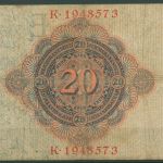 Dt. Reich 20 Mark 1910, DEU-37c Serie E/K, stark gebraucht (K1555)