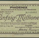 Düsseldorf Phoenix-AG 50 Millionen Mark 1923, Keller 1170 w, gebraucht (K1786)