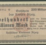 Alzey 200 Millionen Mark 1923, Keller 87 k, leicht gebraucht (K1789)