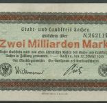 Aachen Stadt und Landkreis 2 Milliarden Mark 1923, Keller 1 g, gebraucht (K1818)
