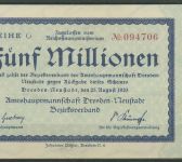 Dresden-Neustadt 5 Millionen Mark 1923 Reihe G, Keller 1121 c, gebraucht (K1828)
