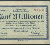 Dresden-Neustadt 5 Millionen Mark 1923 Reihe C, Keller 1121 c, gebraucht (K1829)