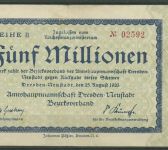 Dresden-Neustadt 5 Millionen Mark 1923 Reihe B, Keller 1121 c, gebraucht (K1831)