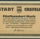Crefeld 500 Mark 1922, Müller 895.1, leicht gebraucht (K1836)