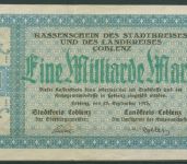 Coblenz 1 Milliarde Mark 1923 ohne Zonenstempel, Keller 866 v, gebraucht (K1846)