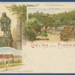 Eisenach Markt Geburtshaus u. Bach-Denkmal, gelaufen 1898 Bahnpost (AK5062)