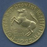 Westfalen 5 Millionen Mark 1923 vergoldet, Freiherr v. Stein, J N22 vz (m6800)