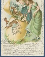 Fröhliche Ostern Mädchen mit Hasen und Osterei, gelaufen 1902 (AK5605)