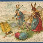 Fröhliche Ostern Familie Hase mit Kiepen unterwegs, gelaufen 1902 (AK5603)