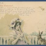 Fröhliche Ostern Mädchen und Hase auf einer Bank, gelaufen 1902 (AK5601)