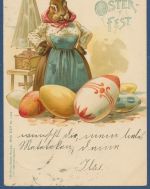 Frohes Osterfest Frau Hase bemalte Ostereier, gelaufen 1900 (AK5667)