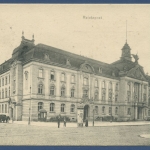 Karlsruhe Reichspost Litfaßsäule Straßenbahn, gelaufen 1915 Feldpost (AK1333)