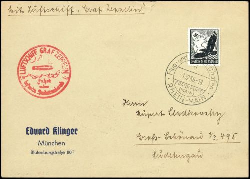 1938, Zeppelin,Zeppelinpost LZ 130,Deutschlandfahrten, Si 456, ...