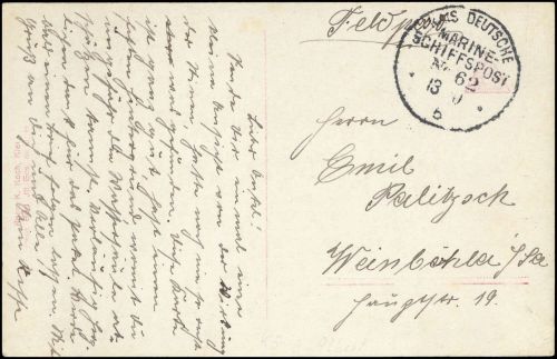 1916, Deutsche Marine Schiffspost, MSP 62, Brief