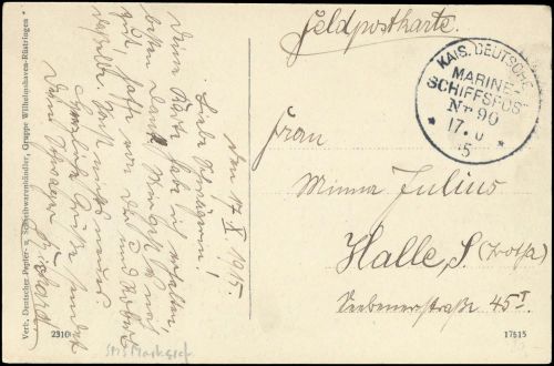 1915, Deutsche Marine Schiffspost, MSP 90 , Brief