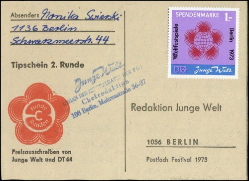 1973, DDR Spendenmarken, SP 2, Brief