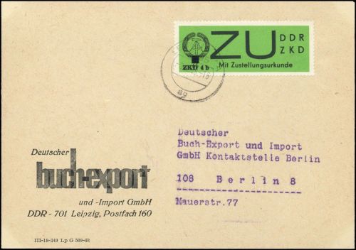 1968, DDR ZKD Sendung mit Zustellurkunde, ZU 2 x Z, Brief