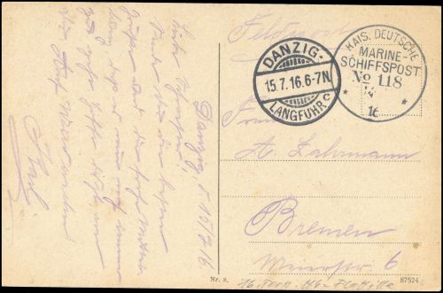 1916, Deutsche Marine Schiffspost, MSP 118 , Brief