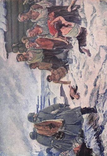Das gezeigte Bild ist eine 1943 entstandene Malerei des sowjetischen Künstlers Wladimir Serow mit dem Titel „Das werden wir nie