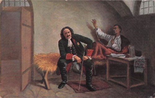 Peter der Große bestrafte Ataman. Postkarte aus Polubotok, zaristisches Russland,
