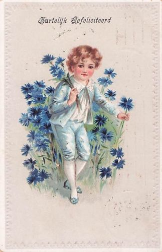 Alte AK Niederlande Glückwunsch Hartelijk Gefeliciteerd Kind Schnee Kornblumen gel.