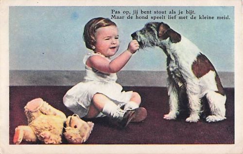 Pas op, jij bent stout als je bijt. Maar de hond speelt lief met de kleine meid.
