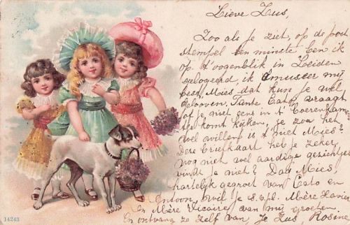 Lithografie von drei Mädchen und einem Hund