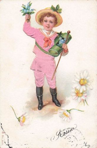 Grußkarte aus Italien, 1904: Viktorianischer Junge im Seidenanzug