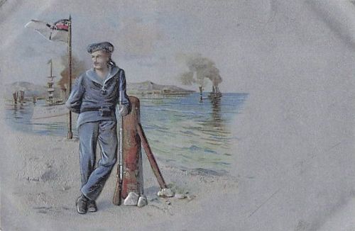 Präge Litho Deutscher Seemann mit Gewehr, Kriegsschiffe