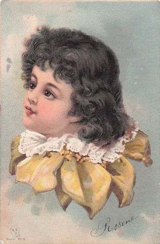 Lithographie aus der Zeit um 1900, die einen Kinderkopf in einer stilisierten Blüte darstellt
