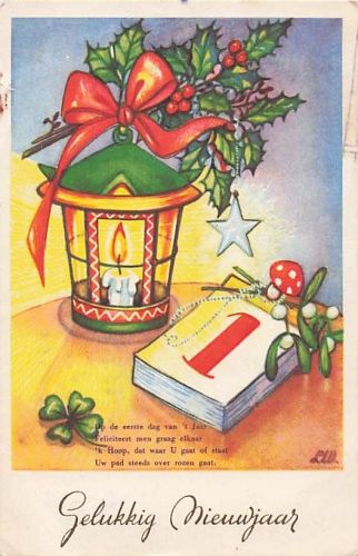 Neujahrspostkarte mit einer bunten Illustration