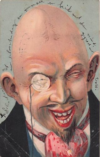 AK mit der Karikatur eines lachenden Mannes mit Monokel aus der Zeit um 1905