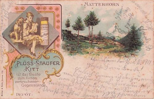 Werbekarte Plüss-Staufer-Kitt“ zeigt eine farbige Lithografie Matterhorns