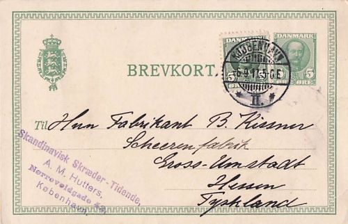 historische dänische Ganzsachen-Postkarte („Brevkort“) mit einer 5-Öre-Briefmarke, abgestempelt in Kopenhagen am 6. September 1915.