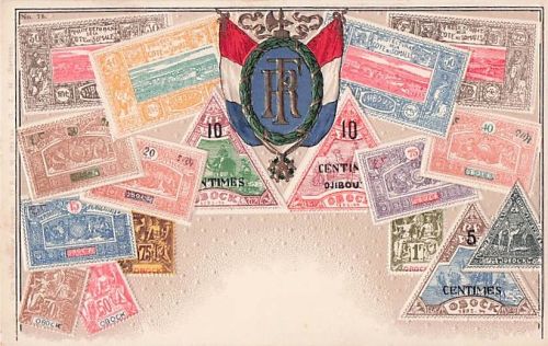 Ansichtskarte Briefmarken und Wappen Protectorat deja Cote des Somalis, Flagge