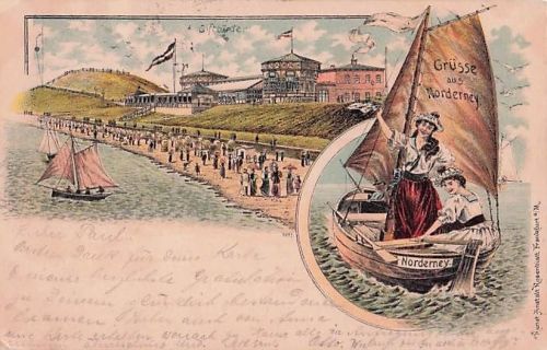 Lithographie Norderney, Restaurant Giftbude, Frauen auf Segelboot Norderney