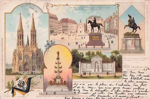Lithographie Wien, Votiv Kirche, Denkmal Grillparzers